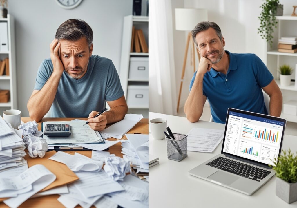 Relaxed man in his 40s sitting comfortably at kitchen table with coffee, looking at smartphone showing automated savings notifications, with peaceful home environment in background