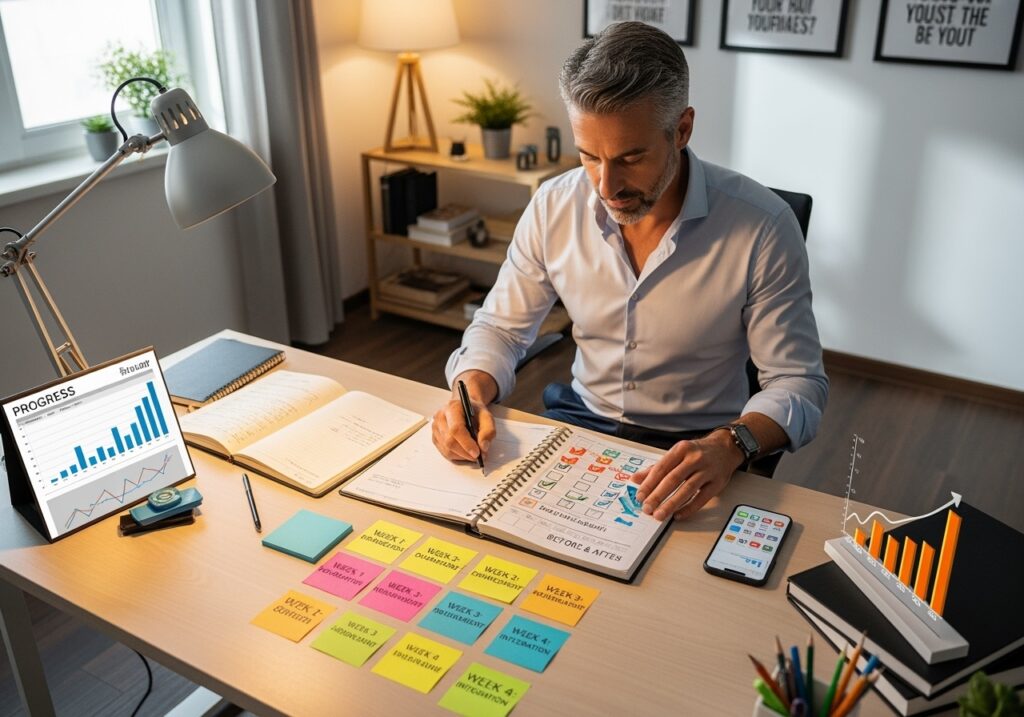 Professional man in his 40s tracking progress on 30-day mental performance challenge with calendar, goals checklist, and optimization tools, demonstrating systematic cognitive enhancement journey