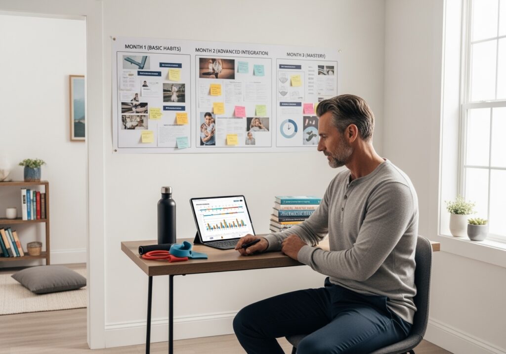 Man in his 40s demonstrating 90-day life transformation journey with integrated physical, mental, and financial wellness milestones