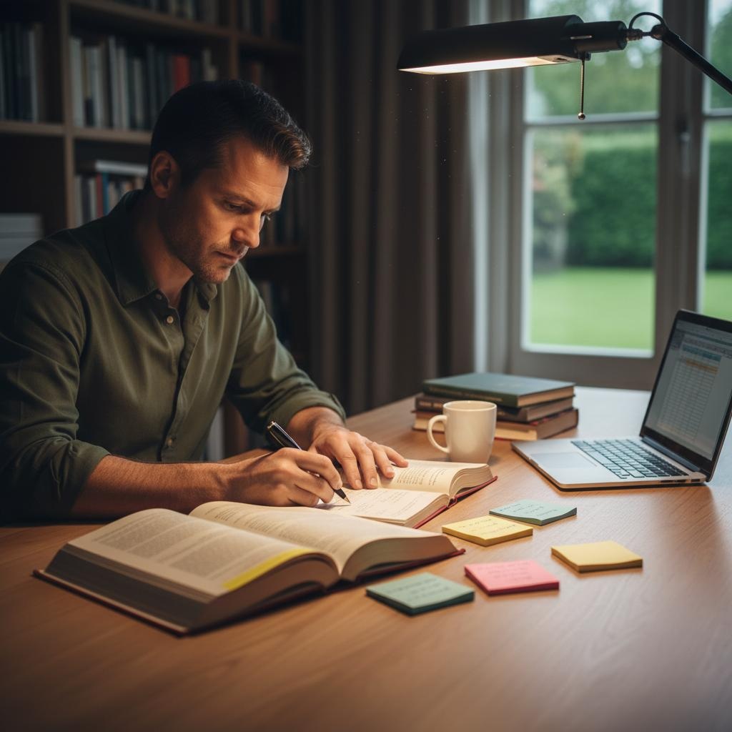Man in his 40s writing action items from books in notebook at organized desk with reading materials and planning tools, showing implementation of transformative reading strategies