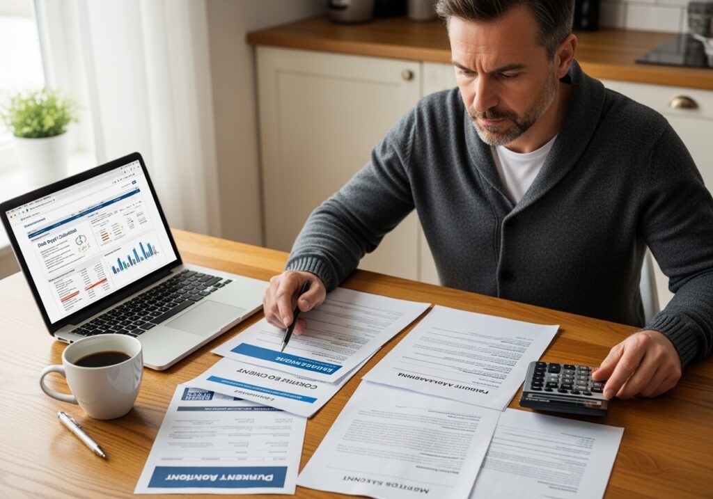 Professional man in his 40s reviewing debt documents and financial calculators at home office, representing strategic debt management and financial optimization