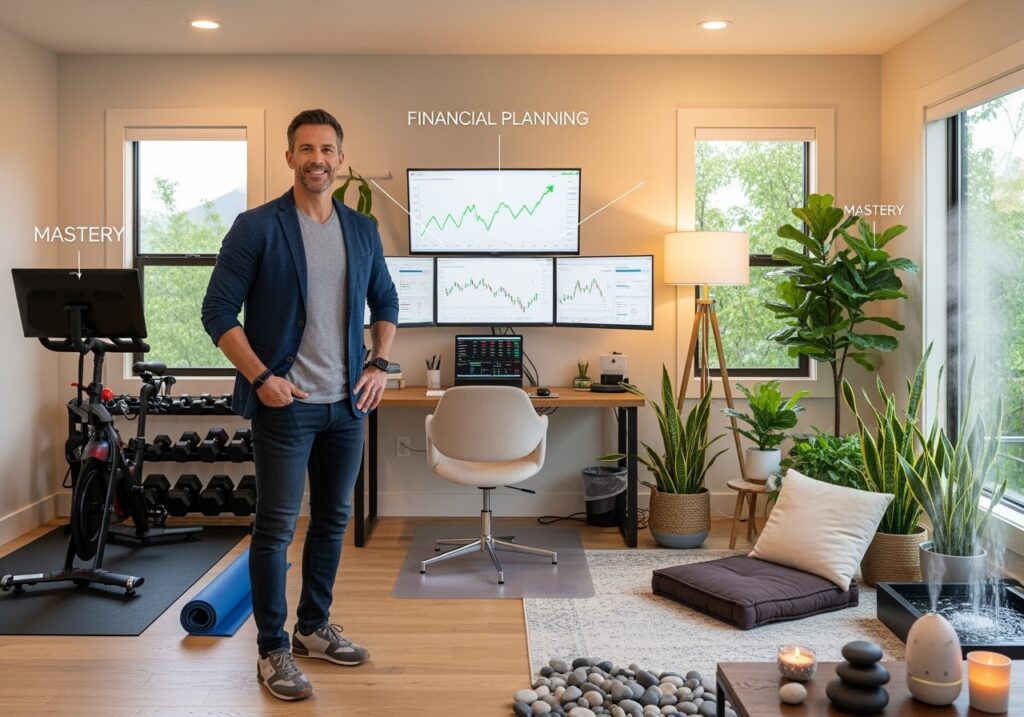 Successful man in his 40s demonstrating complete life transformation through advanced life design with integrated physical wellness, mental resilience, and financial independence
