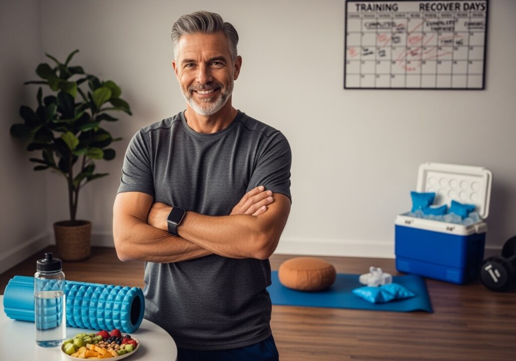 Man in his 40s in peaceful home setting surrounded by all recovery elements - sleep optimization, nutrition, active recovery tools, temperature therapy, stress management, and tracking devices demonstrating comprehensive recovery approach