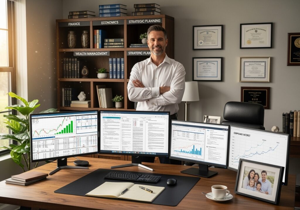 Successful professional man in his 40s standing confidently in home office with financial success charts and documents visible, representing the achievement of advanced wealth-building goals and financial independence