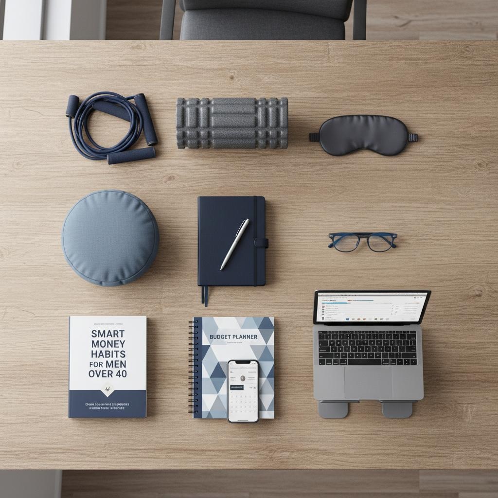 Top 10 Amazon products for complete life transformation - men over 40 wellness essentials including fitness equipment, books, and productivity tools arranged on modern desk