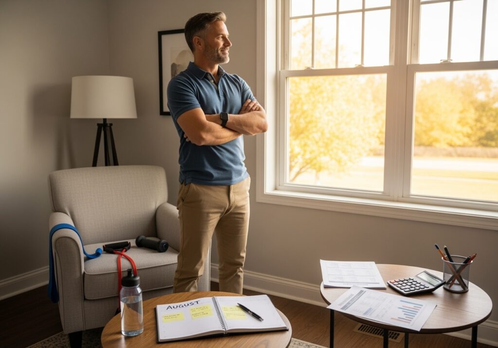 Confident man in his 40s with calendar, fitness equipment, books, and financial planning materials, representing the complete August advantage transformation across all three pillars