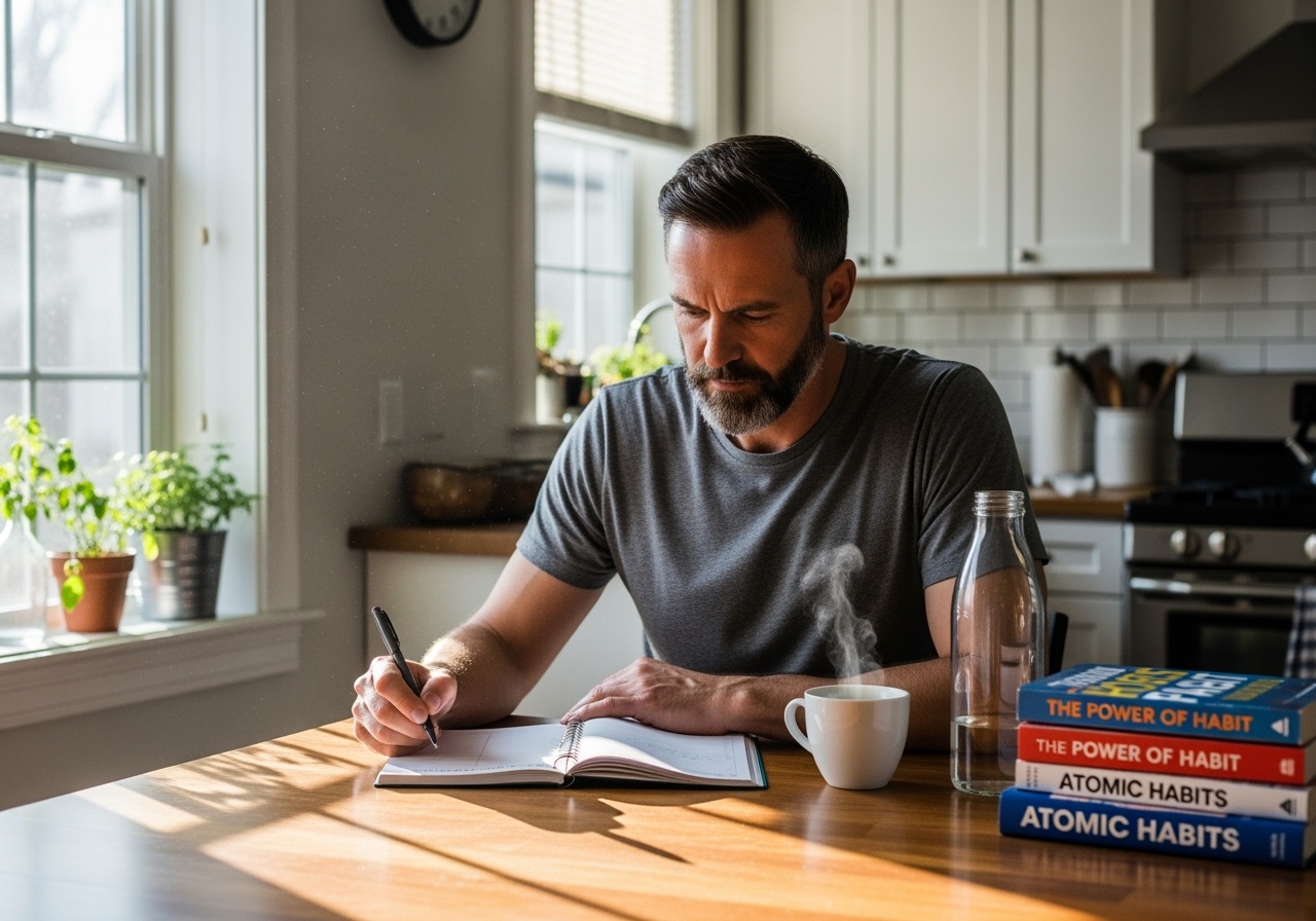 Men in their 40s planning and preparing for fall success with calendar, fitness equipment, and goal-setting materials representing the August advantage