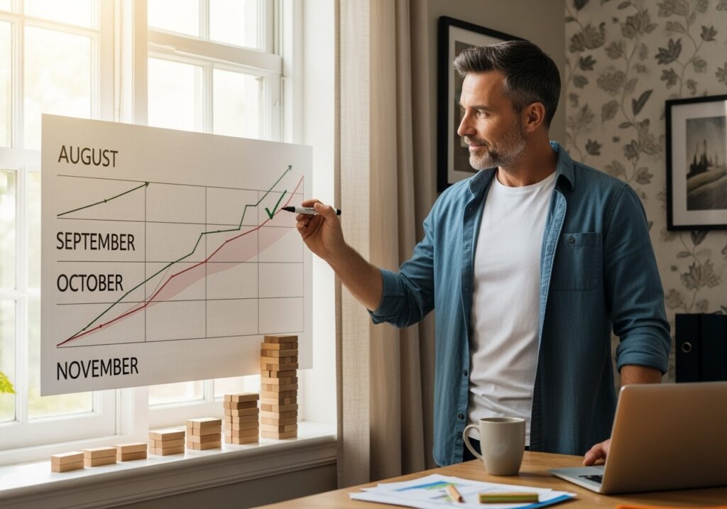 Man in his 40s reviewing progress charts and growth timeline, representing the compound effect of small August actions leading to massive fall results
