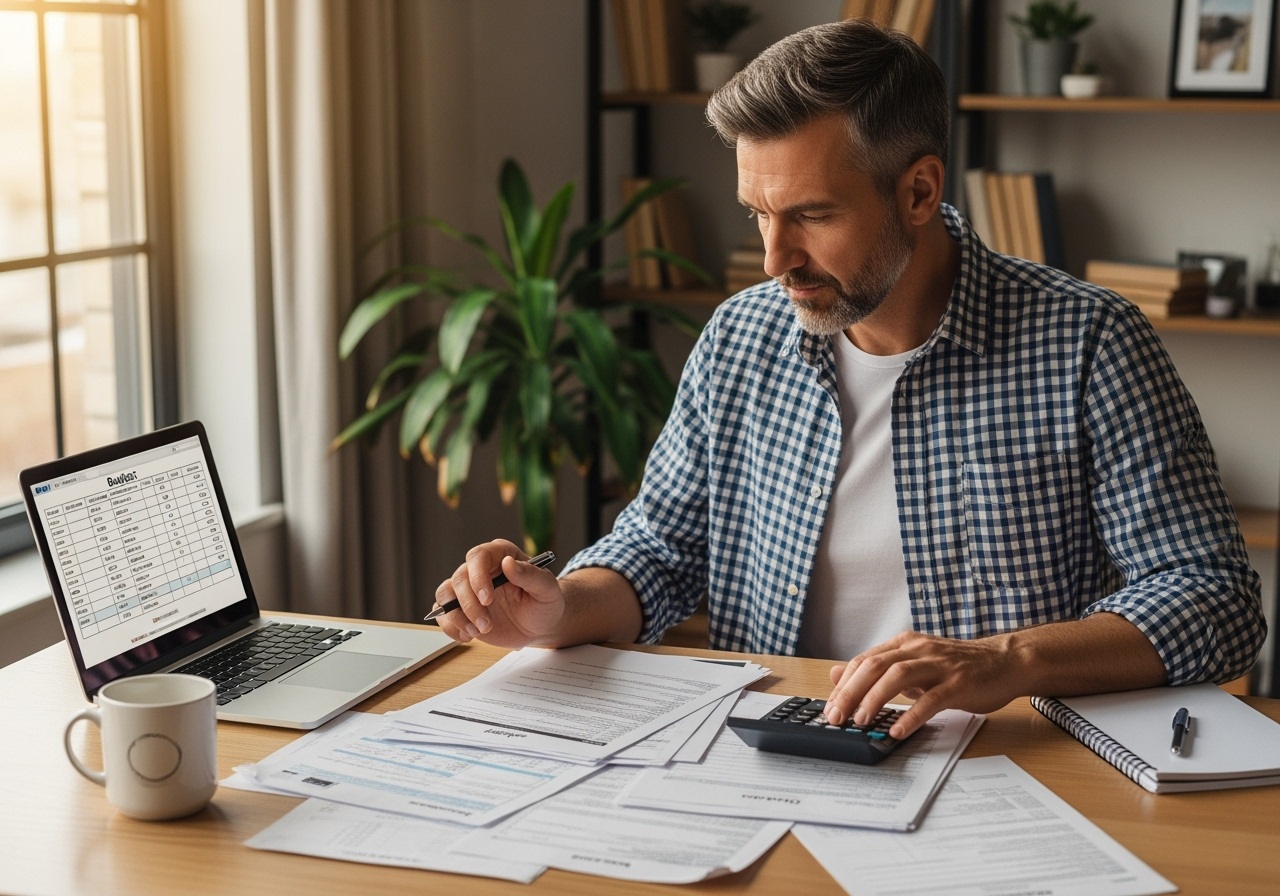 Professional man in his 40s reviewing financial documents at home office desk with calculator and laptop for August financial audit and Q4 planning
