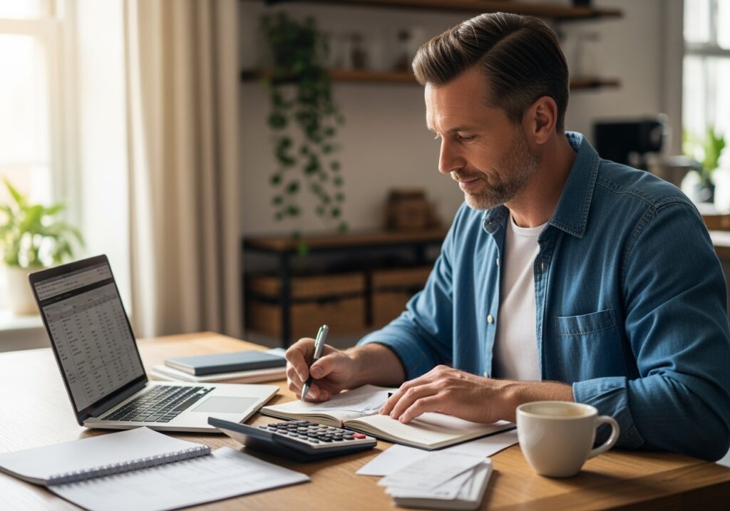 Man in his 40s at home desk reviewing financial documents, calculator, and budget planning materials, representing August money moves for fall financial gains