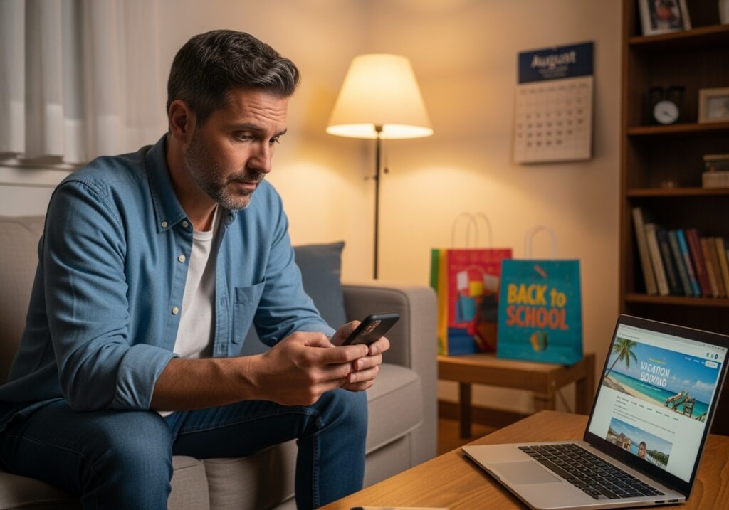 Professional man in his 40s sitting thoughtfully with financial documents, representing the psychological aspects of August spending decisions and money mindset