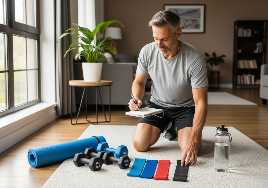 Man in his 40s doing home workout with resistance bands and dumbbells, representing building fall fitness foundation in August