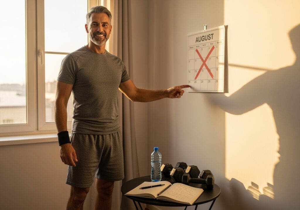 Man in his 40s celebrating successful fitness plateau breakthrough with confidence and renewed energy