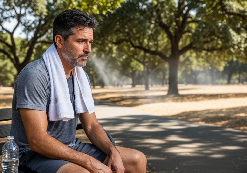 Tired man in his 40s sitting on couch looking exhausted from August heat and fitness plateau