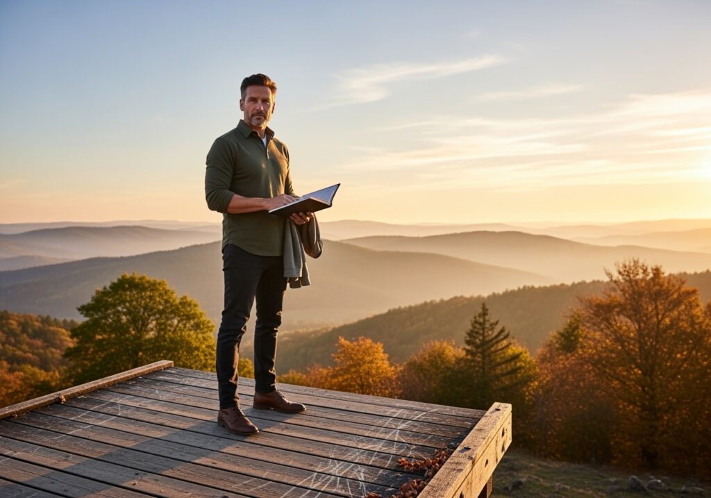 Man in his 40s at desk with calendar, planning materials, and coffee, representing August as a launch pad for fall success and goal preparation