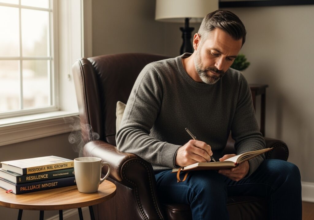 Man in his 40s in peaceful home setting with journal and books, representing mental resilience preparation and mindset development for autumn success
