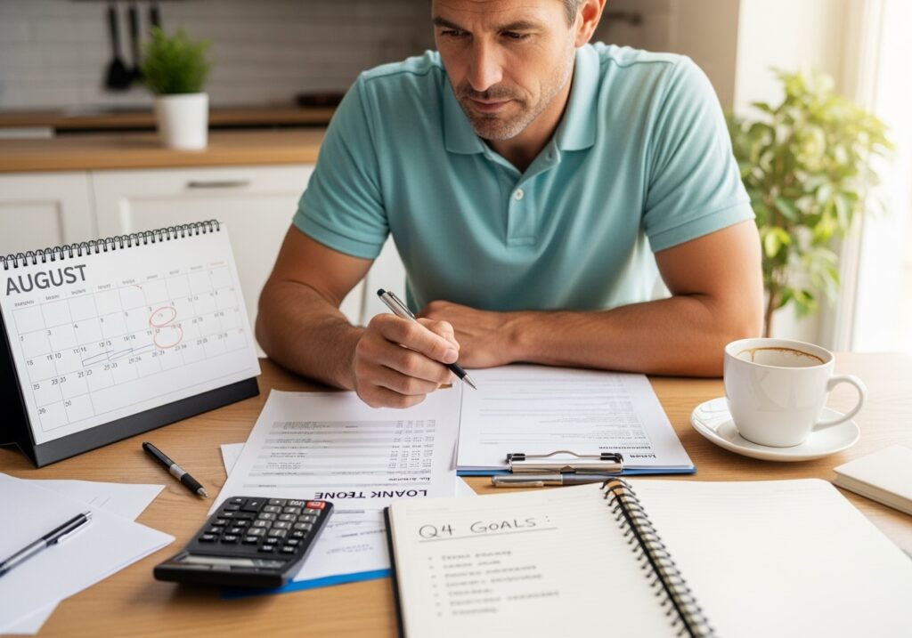 Man in his 40s looking at calendar and financial charts showing August timing for mid-year financial review and Q4 planning strategy