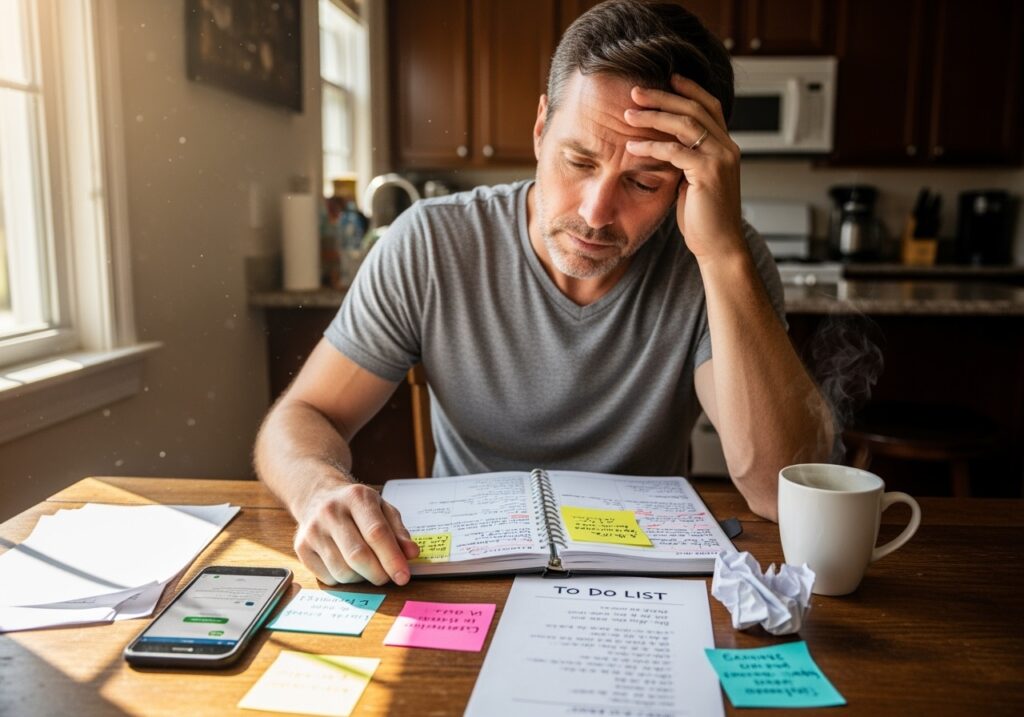 Man in his 40s looking thoughtfully at calendar and planning materials, representing overcoming common August obstacles and finding solutions for success