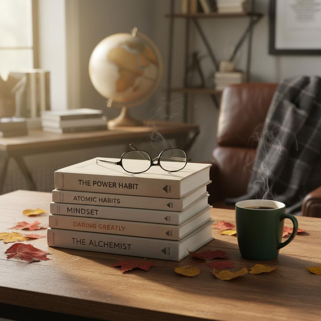 Stack of 5 transformative personal development books arranged on wooden desk with autumn leaves and coffee mug, representing fall reading list for men over 40
