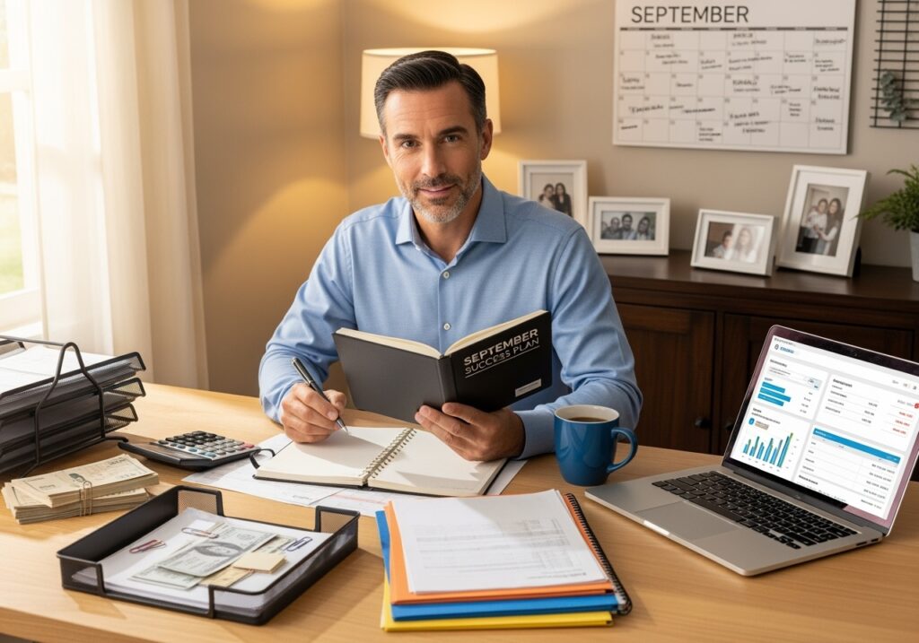 Confident man in his 40s reviewing successful financial plan with organized documents and calculator, representing transformation from August mistakes to September success
