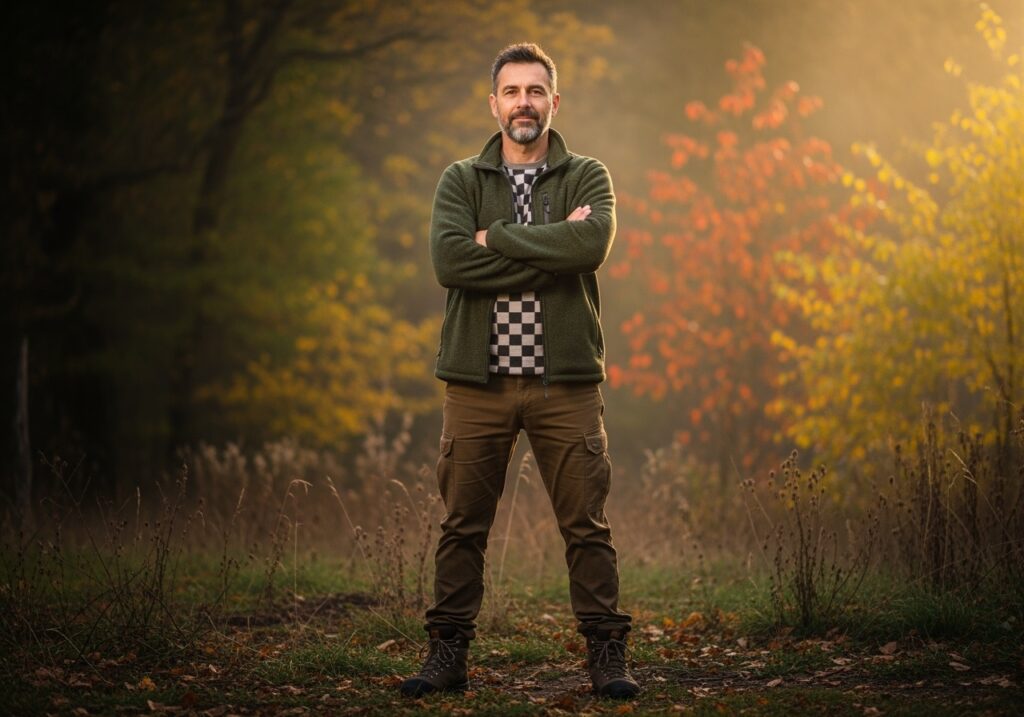 Confident man in his 40s standing outdoors with arms crossed, representing strength, determination and long-term mental resilience after overcoming challenges