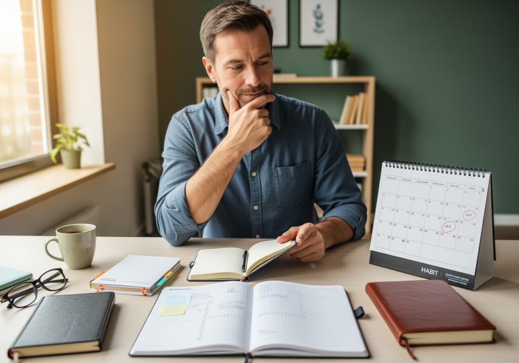 Man in his 40s comparing different habit tracking journals and planners on a desk, representing the decision-making process for choosing the right tool