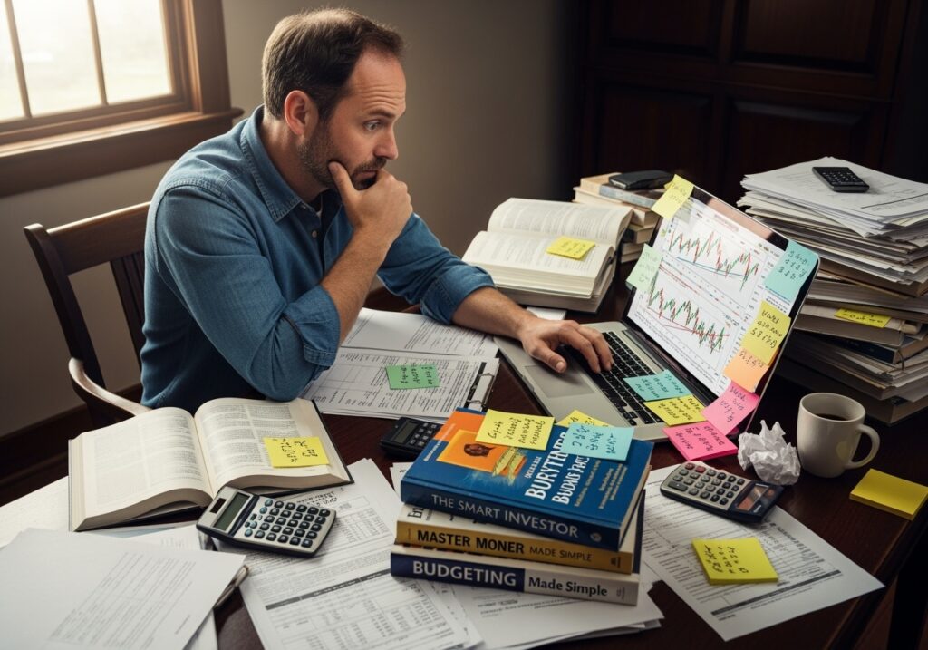 Man in his 40s looking frustrated while surrounded by scattered financial papers and multiple planning books showing perfectionism trap and analysis paralysis