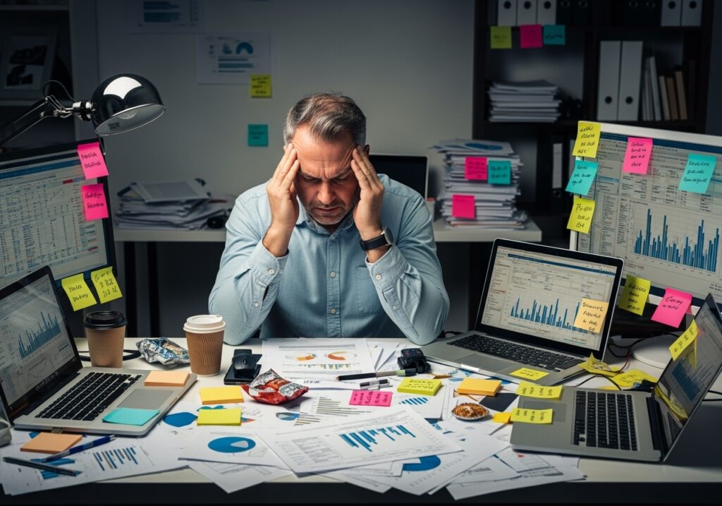 Frustrated man in his 40s at cluttered home office surrounded by multiple unfinished projects and scattered papers, representing common problem-solving mistakes men make after 40