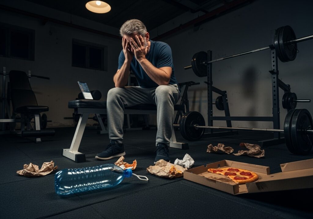 Man in his 40s making common recovery mistakes including poor sleep habits, ignoring stress, and copying younger athletes' training methods