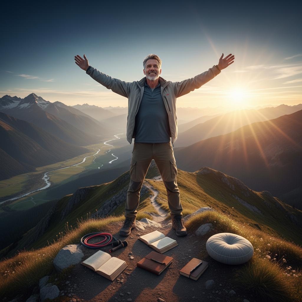 Successful man over 40 celebrating complete life transformation with physical wellness, mental resilience, and financial independence achievements - the triangle of well-being realized