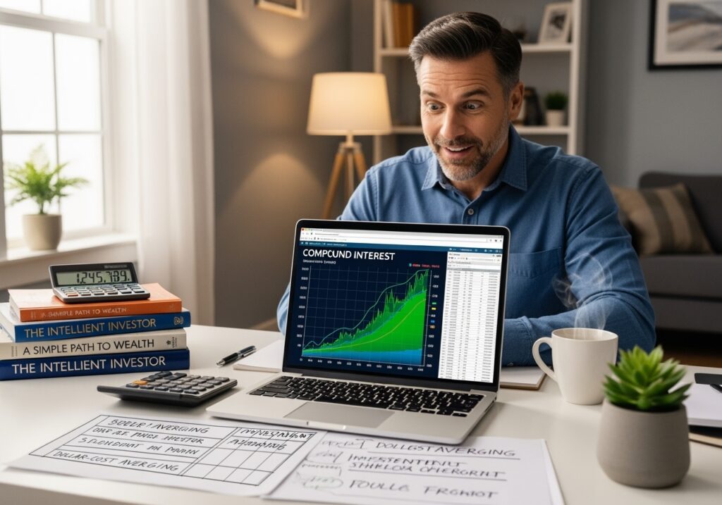 Professional man in his 40s analyzing compound growth charts and investment calculations on computer screen, representing the power of compound interest maximization strategies