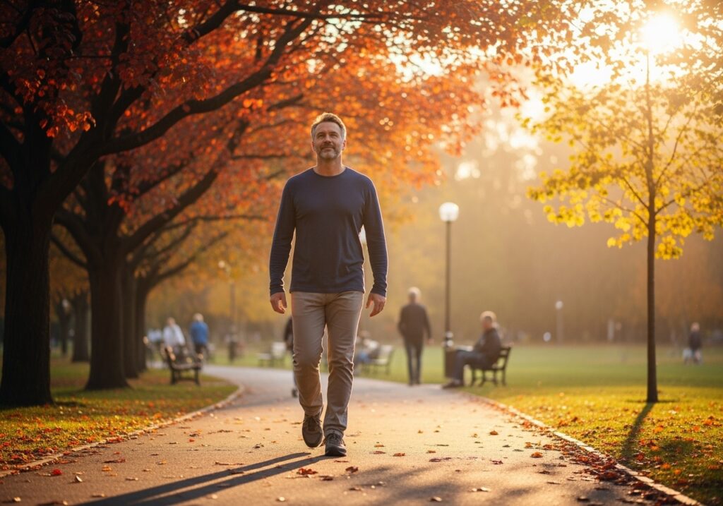 Man in his 40s walking confidently on a path from late summer toward autumn, representing the successful journey from August blues to mental resilience and strength
