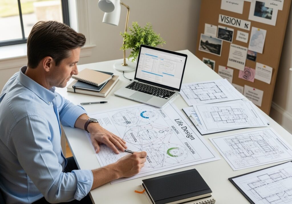 Professional man in his 40s creating comprehensive life design blueprint with planning materials, assessment tools, and integration mapping system