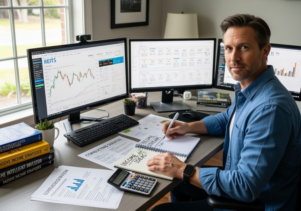 Professional man in his 40s working on laptop with financial charts and documents spread around, representing multiple income stream development and side business planning