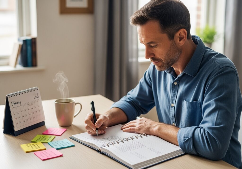 Man in his 40s writing and planning at a desk with calendar and notes, creating a personal action plan to overcome August blues and build mental resilience