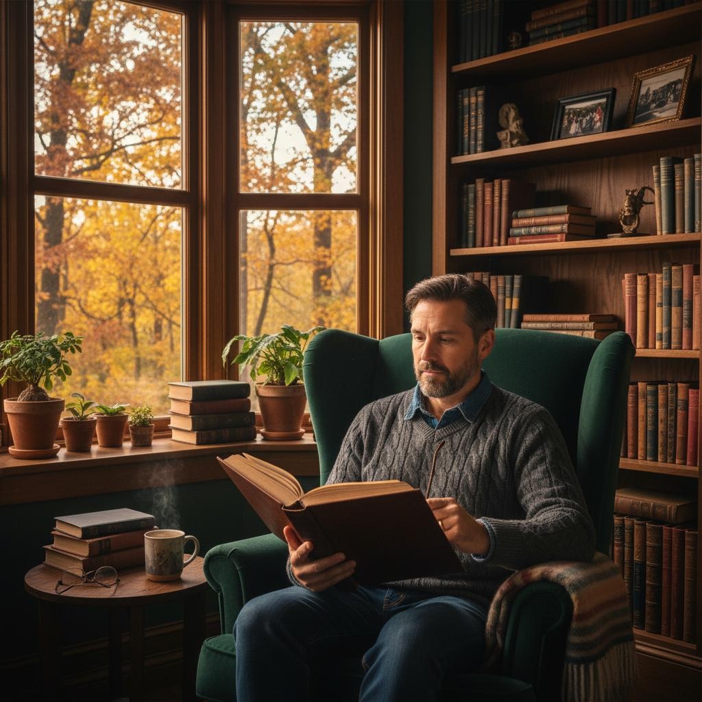 Thoughtful man in his 40s reading a book by window with autumn leaves falling outside, representing seasonal reflection and personal growth opportunity