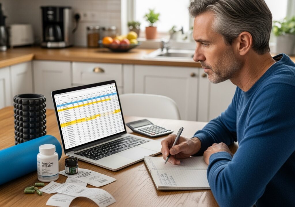 Man in his 40s calculating recovery investment costs with budget spreadsheet and recovery equipment showing smart financial planning for athletic wellness