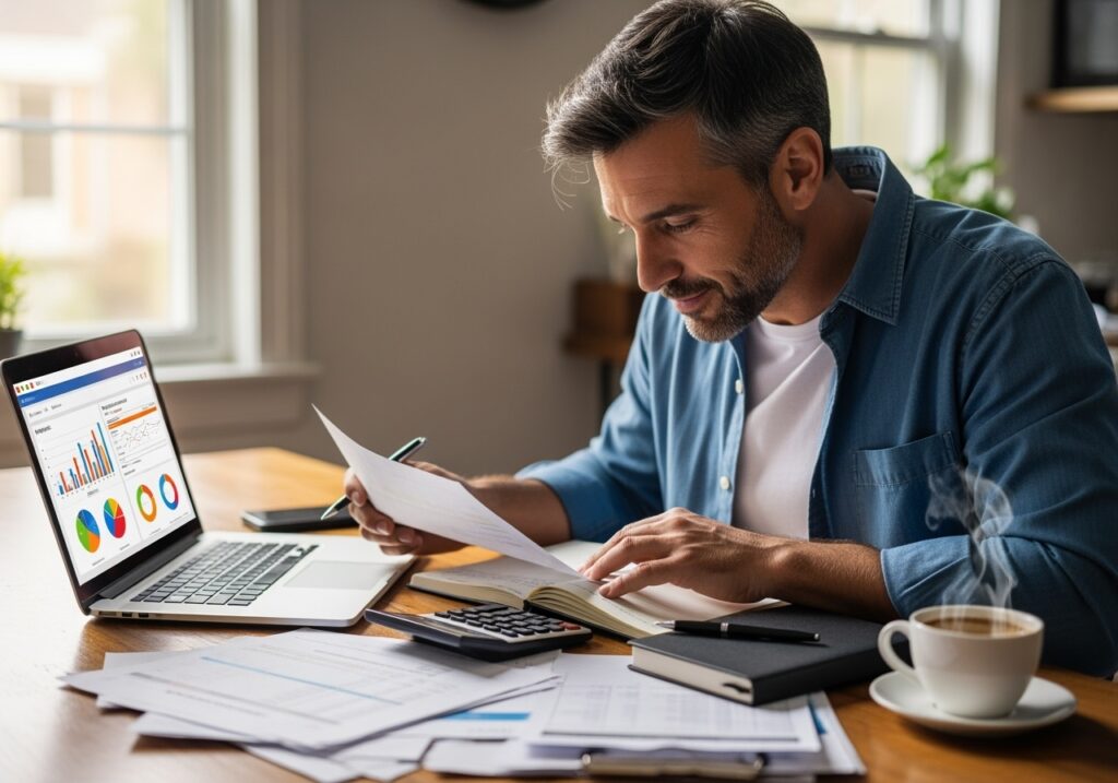 Man in his 40s at home office reviewing financial documents and planning budget strategies, representing financial problem-solving and money management after 40