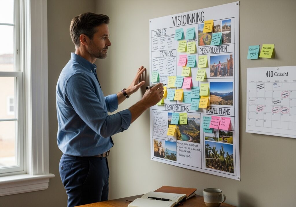 Professional man in his 40s taking proactive action, writing goals and planning in home office, demonstrating personal responsibility and leadership