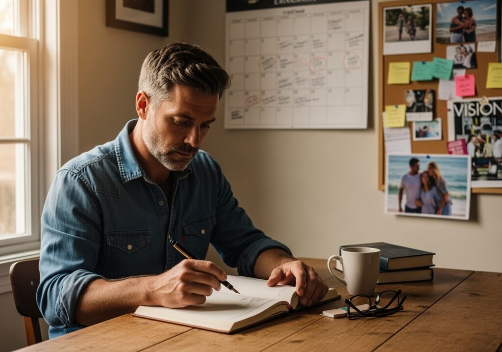 Professional man in his 40s creating personal mission statement and life vision, planning future goals in thoughtful home office setting