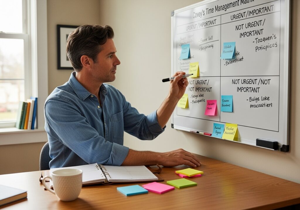 Professional man in his 40s using time management matrix and priority planning system in organized home office, demonstrating effective task prioritization