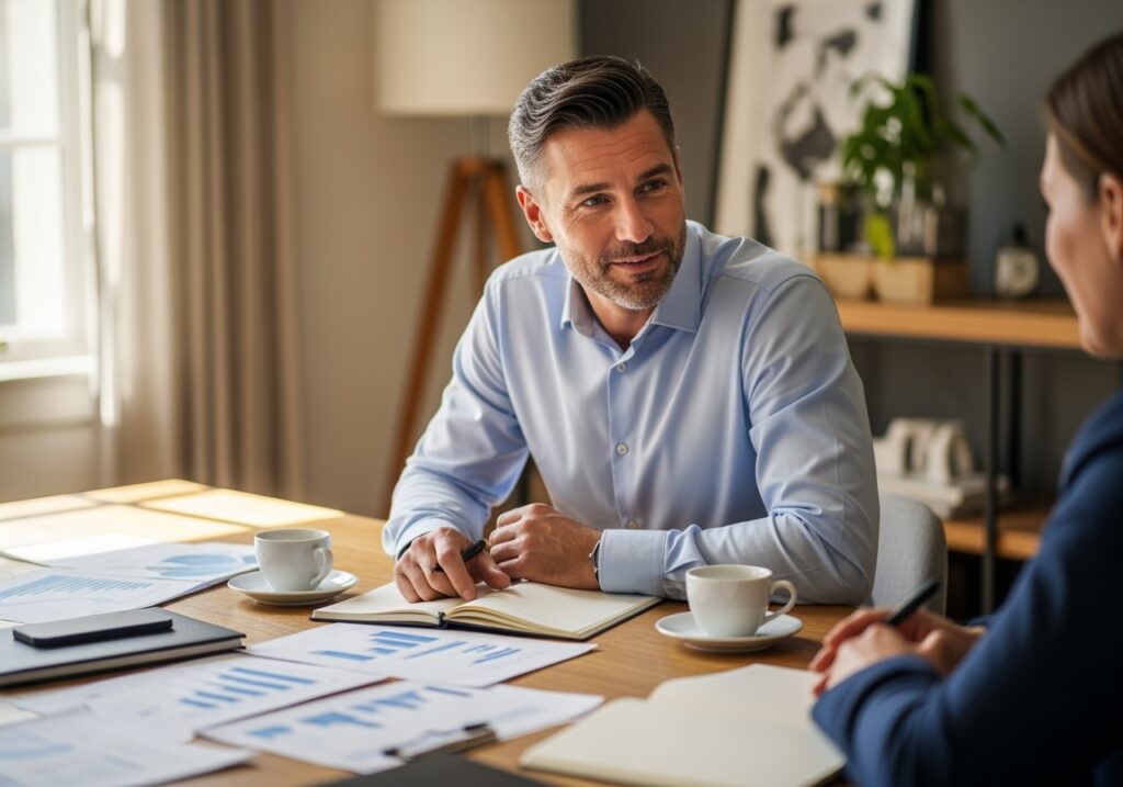 Two professional men in their 40s collaborating and shaking hands in business meeting, demonstrating win-win mindset and mutual benefit approach