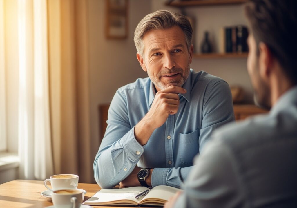 Professional man in his 40s actively listening in conversation, demonstrating empathy and understanding in home office setting