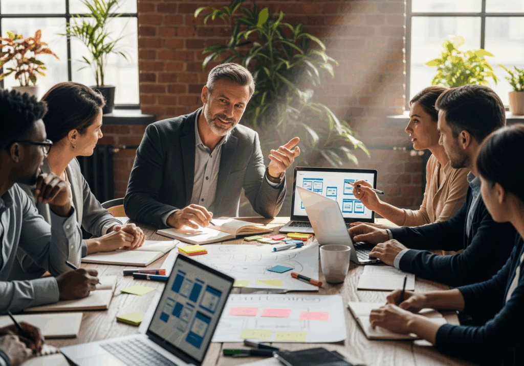 Team of professional men in their 40s collaborating around table with documents and laptops, demonstrating synergy and collective problem-solving