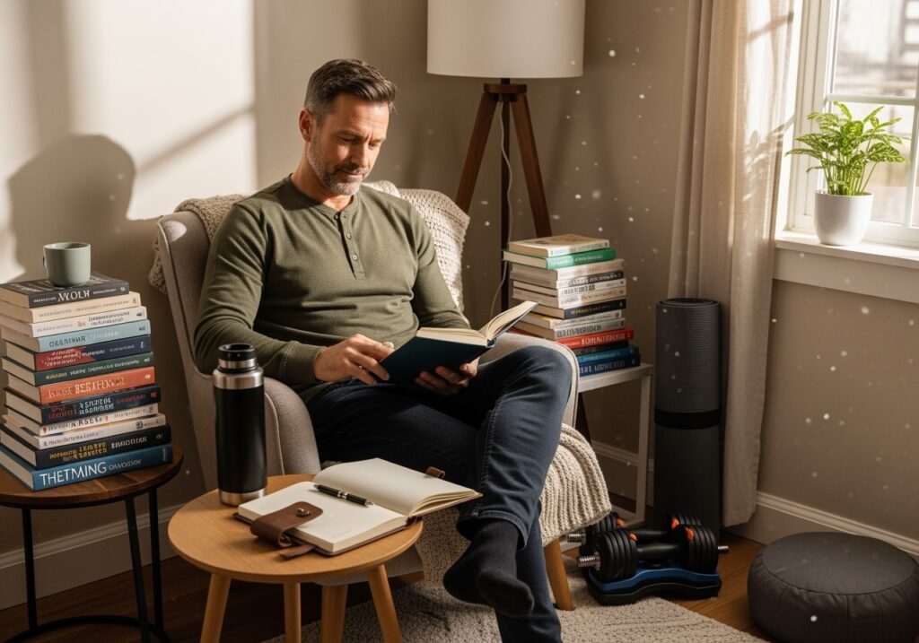 Professional man in his 40s in organized home office with The 7 Habits book, planning materials, and elements representing physical wellness, mental resilience, and financial independence
