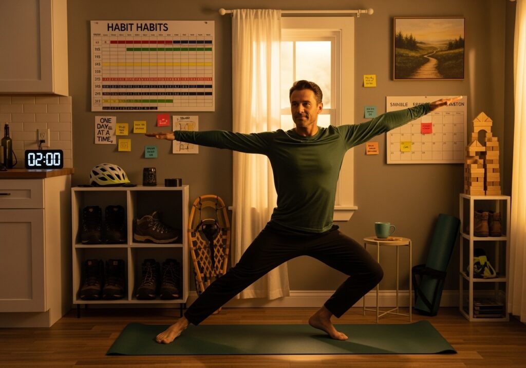 Confident man in his 40s celebrating fitness success with habit tracking journal and workout equipment, showing transformation through consistent habit stacking