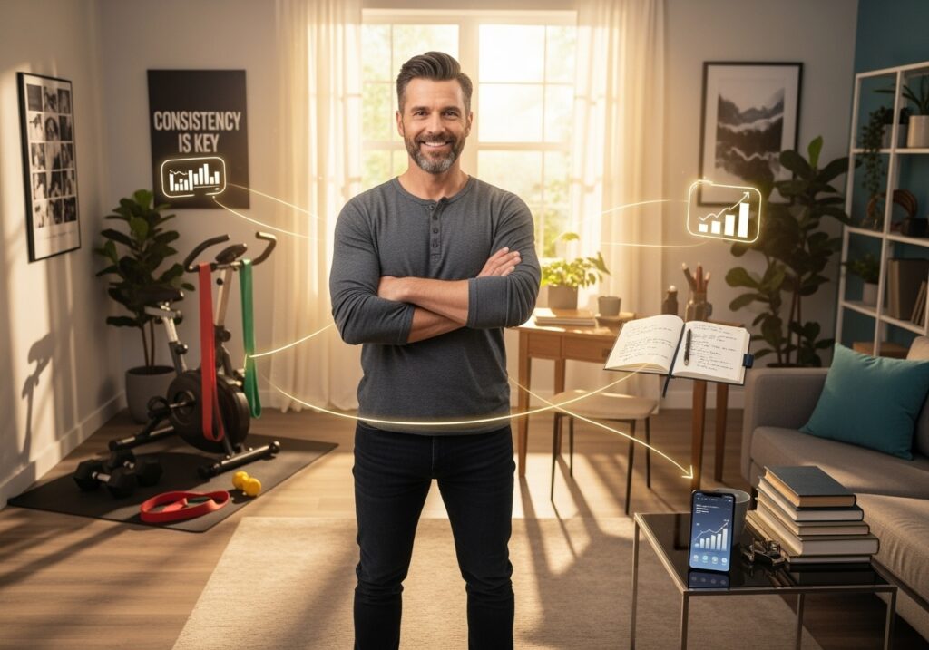 Man in his 40s showing complete transformation through the habit trifecta journey, demonstrating integrated physical wellness, mental resilience, and financial independence with confident posture and successful lifestyle