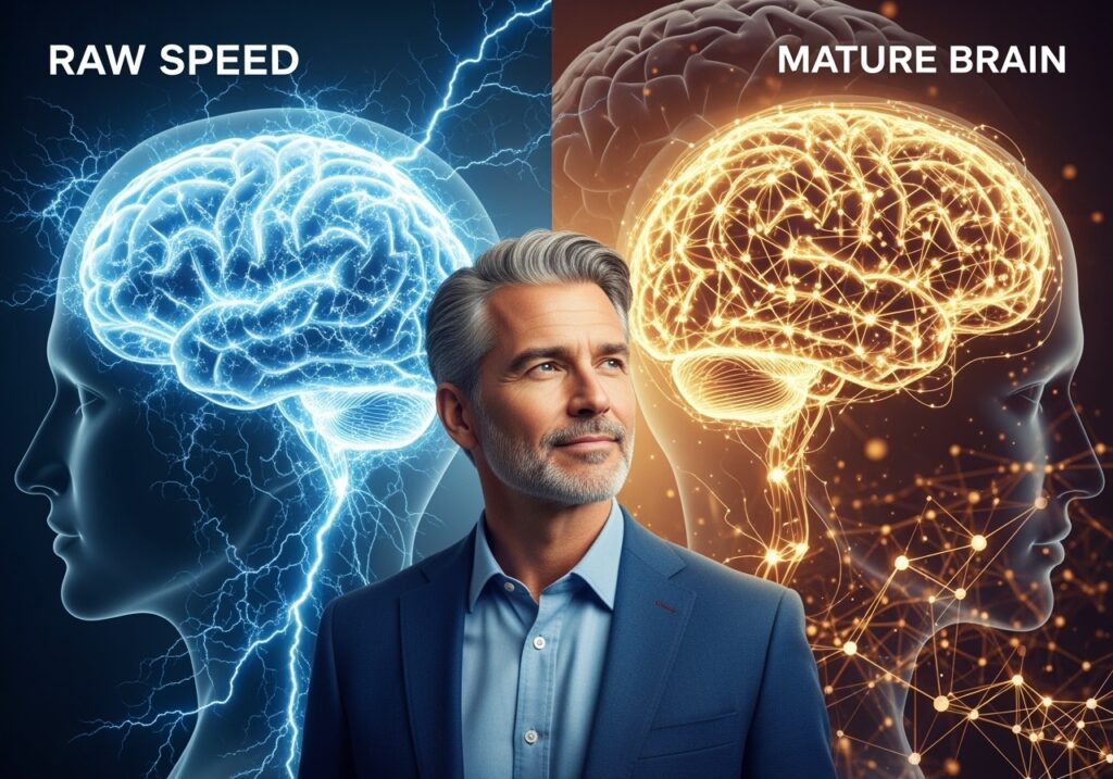 Split-screen comparison showing brain activity patterns - left side shows scattered, fast processing of younger brain, right side shows focused, strategic thinking patterns of mature brain over 40