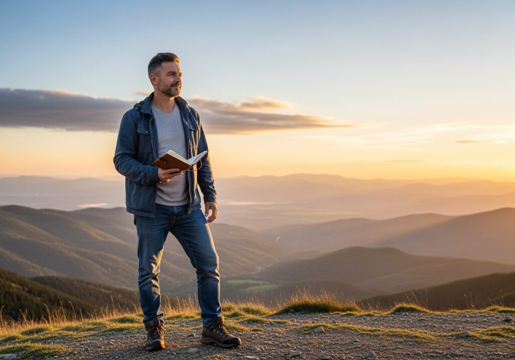 Confident man in his 40s standing on a clear path forward, representing successful mental habit transformation and positive thinking patterns achieved through consistent practice