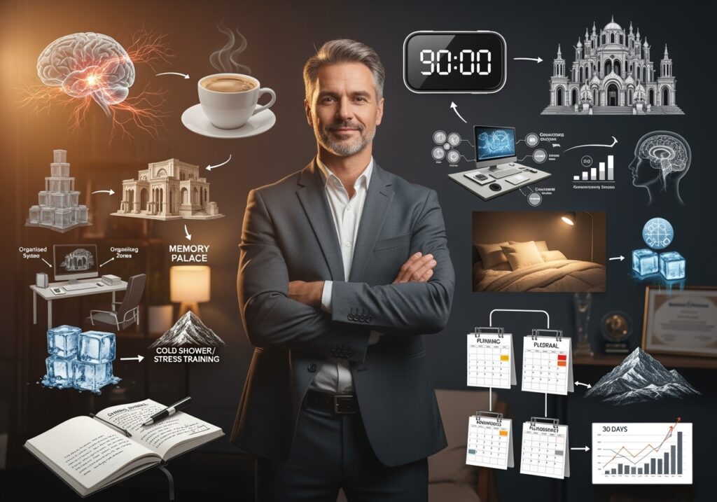Confident professional man in his 40s standing in optimized workspace surrounded by visual elements representing all mental performance techniques - focus protocols, strategic timing, memory systems, and cognitive optimization tools